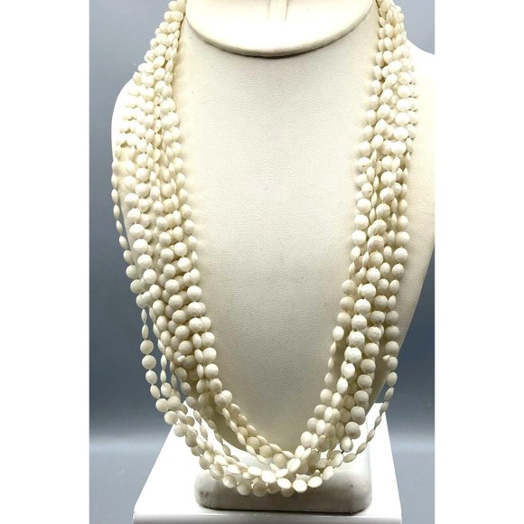 Vintage Plastic Multi Strand Necklace, Hong Kong, Basic White Round Beads, Four - Picture 4 of 6